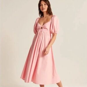 Abercrombie O-Ring Puff Sleeve Midi Dress in Pink - Size Medium Tall
